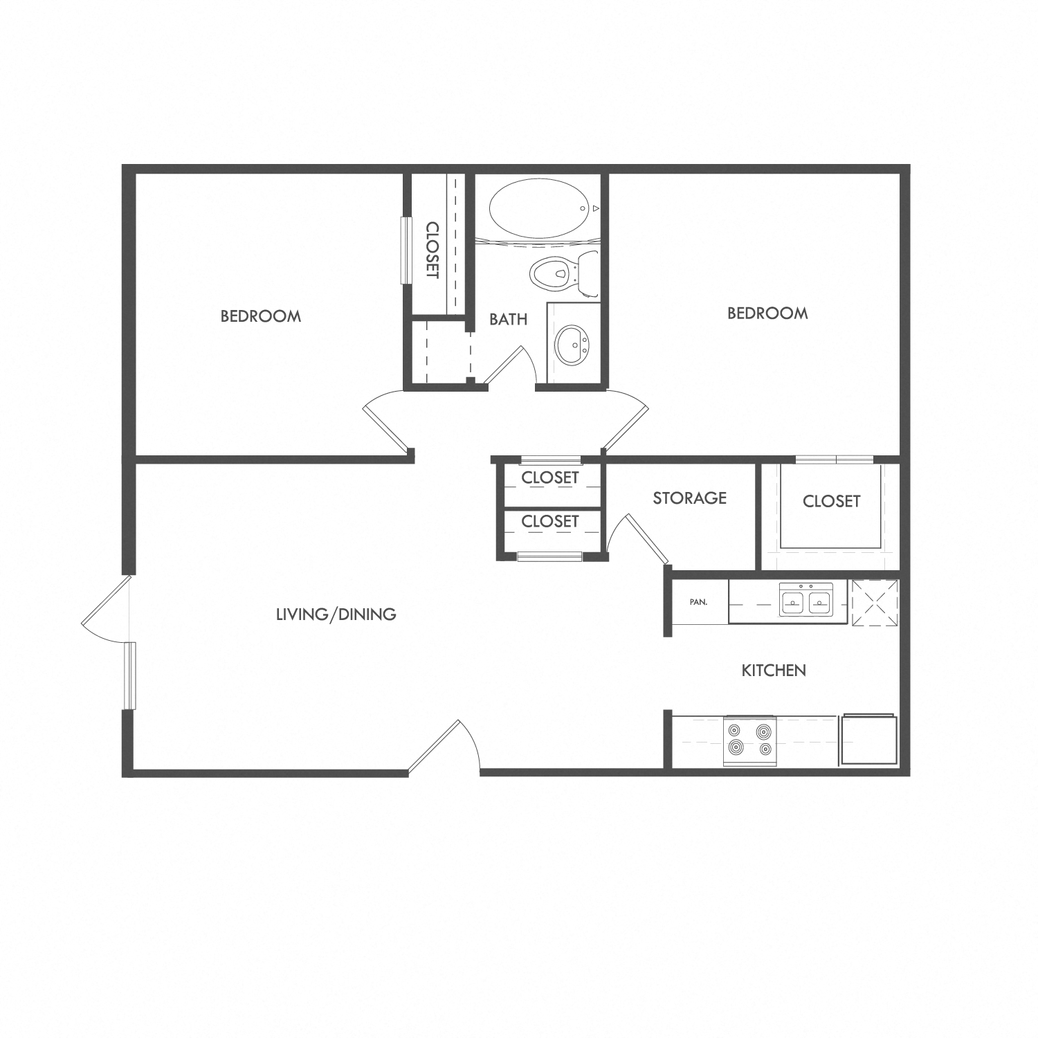 Floor plan for 2 beds, 1 bath, 894 sqft